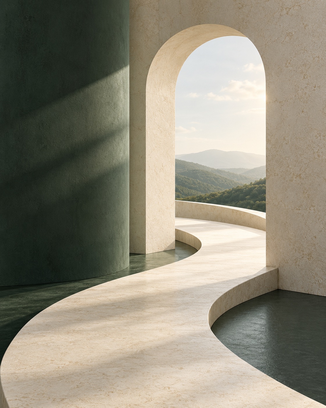 A sunlit ivory path curves through a sage-green architectural passage toward an open horizon.